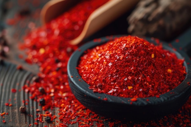 poudre de paprika dans un bol sur une table de cuisine de près