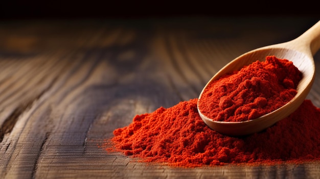 Poudre de paprika vibrante sur cuillère en bois avec bannière d'espace de copie pour des concepts de nourriture et d'épices