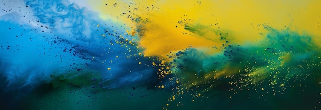 Une poudre de peinture holi verte jaune et bleue vibrante explosant sur un fond blanc.