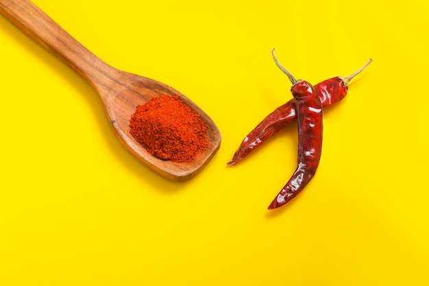 Poudre De Piment Dans Une Cuillère En Bois Avec Froid Rouge Sec Sur Une Surface Jaune