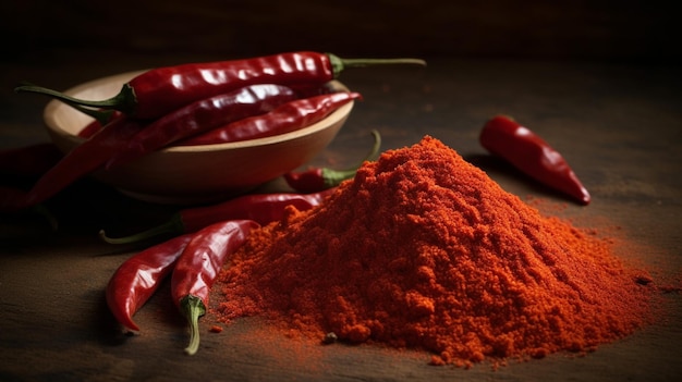 Poudre de piment rouge sur une table en bois