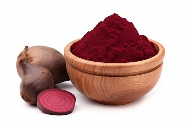 Poudre de racine de betterave rouge dans un bol en bois avec des fruits frais isolés sur blanc