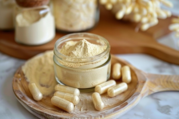 Photo poudre de racine de maca et capsules sur plaque en bois