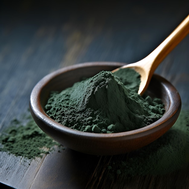 Poudre de spiruline dans une plaque en bois