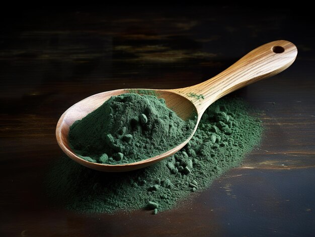 Poudre de spiruline saupoudrée sur une cuillère en bois