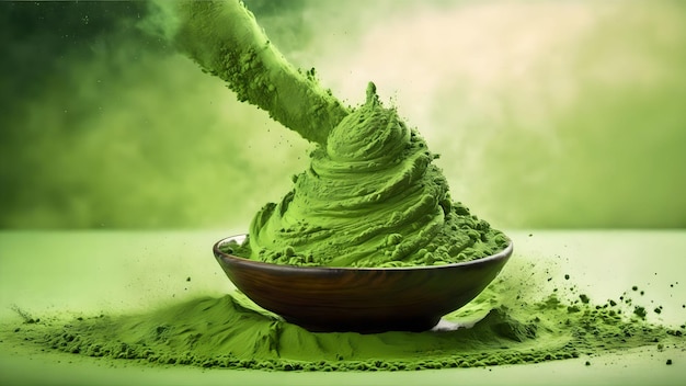 Poudre de thé vert matcha tombant générée avec l'IA