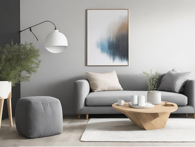 Pouf et table en bois dans un salon moderne avec peinture au-dessus d'un canapé d'angle gris