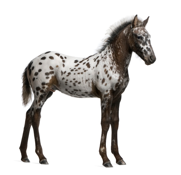 Photo poulain croisé entre un appaloosa et un cheval frison debout