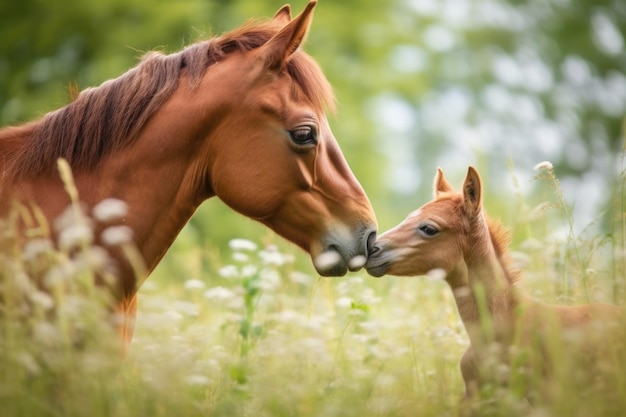 Un poulain qui se repose dans un prairie pendant qu'il est caressé par sa mère.