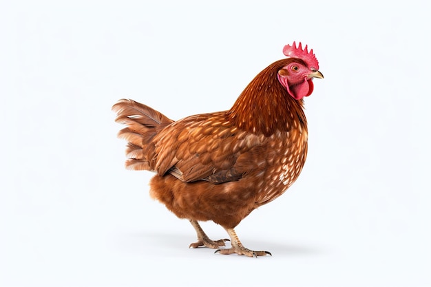 Photo la poule brune montre sa poutre sur un fond blanc