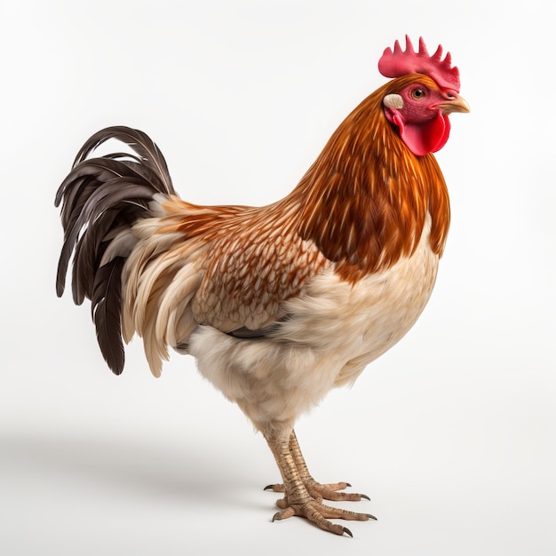 Poule brune sur une poule blanche isolée