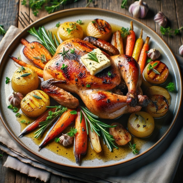 Photo poule de chasse grillée avec du beurre d'herbe