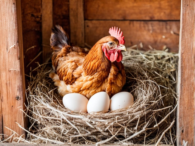 une poule est assise dans un nid avec des œufs