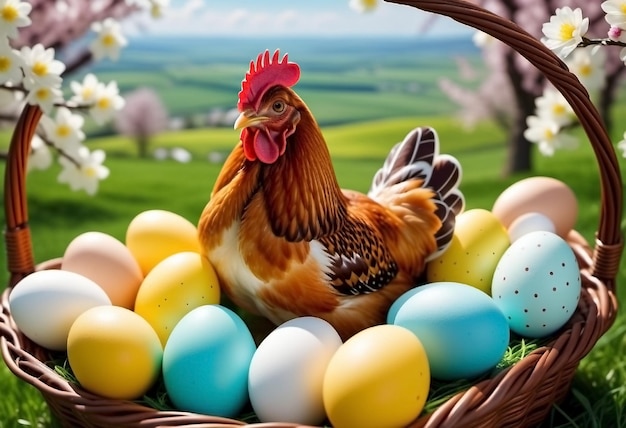 Une poule est assise dans un panier avec des œufs de Pâques sur le fond d'un paysage de printemps