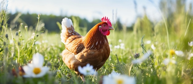 Une poule est vue dans une ferme biologique traditionnelle errant librement sur l'herbe et le pâturage L'image fournit