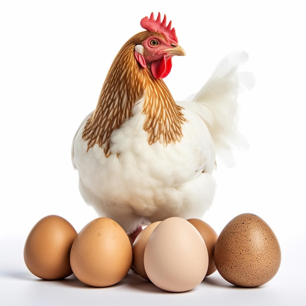 Une poule de ferme se tient à côté des œufs isolés sur le blanc