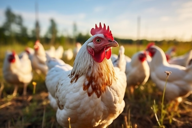 Poule et poulets errant dans un pâturage AI générative