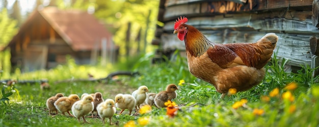 Une poule avec des poussins sur l'herbe devant une maison en bois