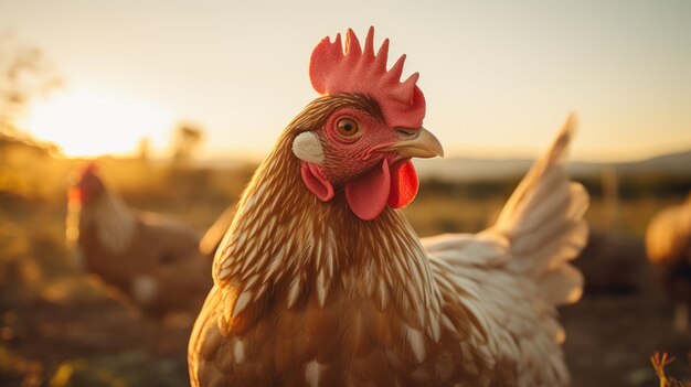 Photo la poule qui regarde le coucher de soleil une personnalité liée à l'administration de la sécurité agricole esthétique