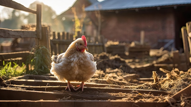 Une poule satisfaite dans une ferme rustique