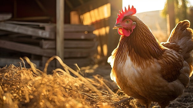 Une poule satisfaite dans une ferme rustique