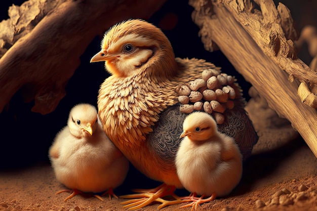 Poule avec ses petits poussins en terre de vison