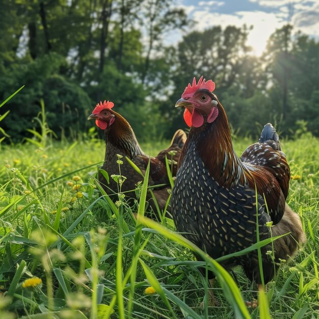 Des poules sur l'herbe dans le pré un jour ensoleillé