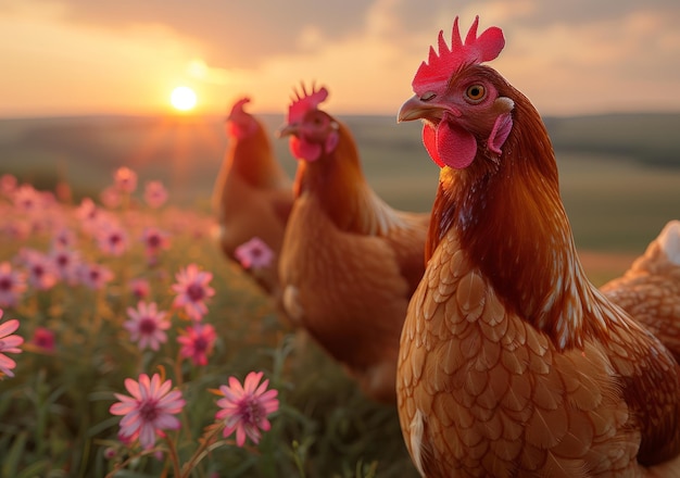 Les poules se promènent librement dans les champs de fleurs alors que le soleil se lève en arrière-plan.