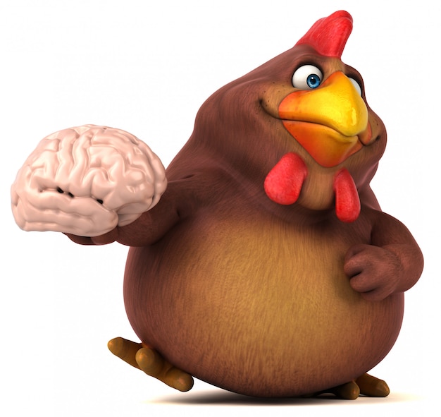 Poulet 3d drôle tenant un cerveau