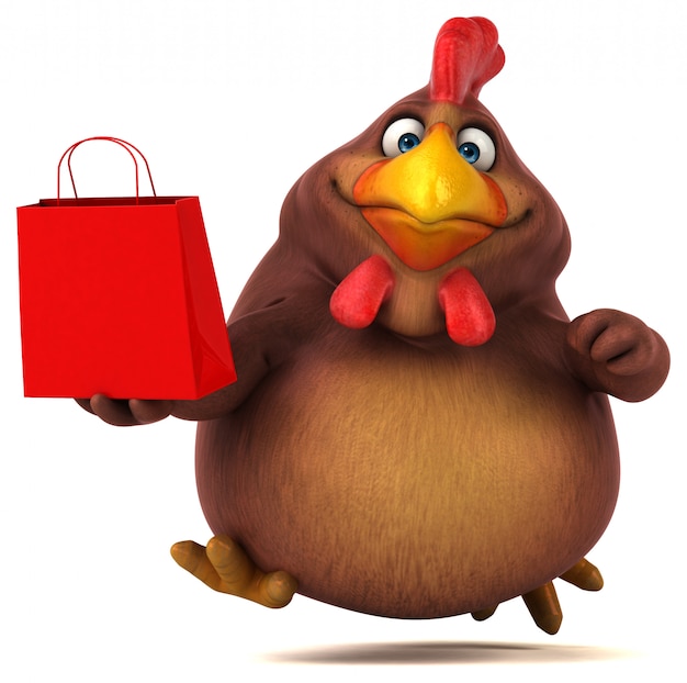 Poulet amusant et un sac rouge