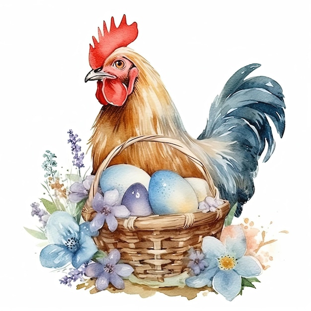 Poulet aquarelle avec des oeufs Illustration AI GenerativexA