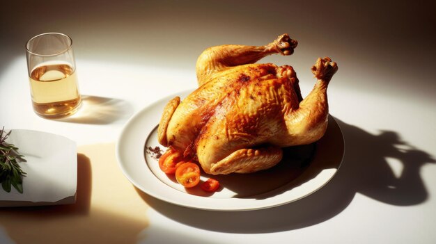 Un poulet sur une assiette avec des carottes et des tomates