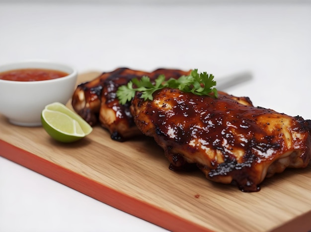 Photo poulet au barbecue dans une planche de bois avec de la sauce