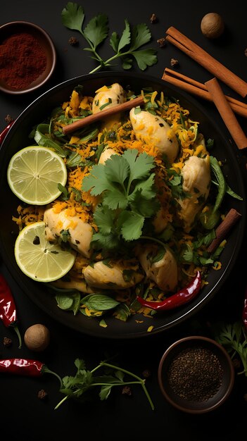 Photo poulet au curry avec des épices lait de coco chaud et épicé c india layout de la culture culinaire