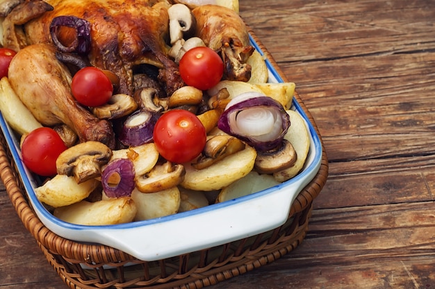 Poulet au four avec pommes de terre et champignons