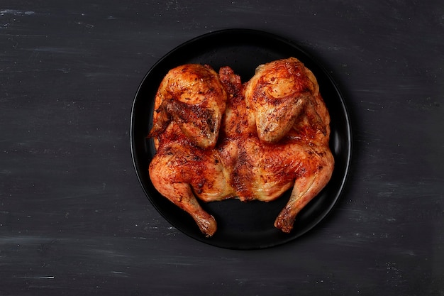 Poulet au tabac, plat géorgien, sur une table en bois noir, vue de dessus, horizontale, pas de personnes,. photo de haute qualité