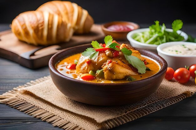 Poulet aux légumes et pain sur une table