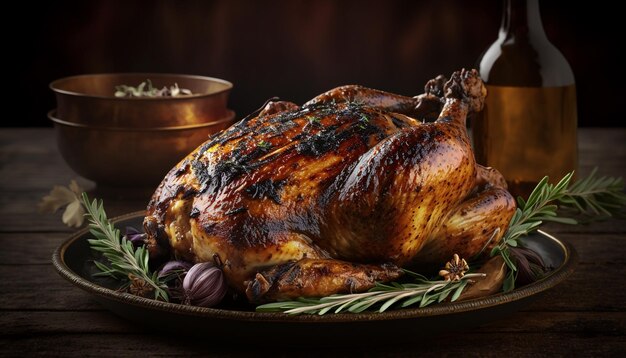 Poulet barbecue grillé fraîchement cuit avec du citron et des épices sur une table