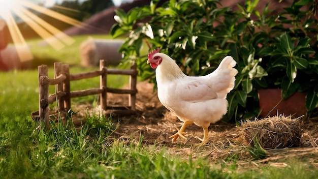 Un poulet blanc dans une ferme