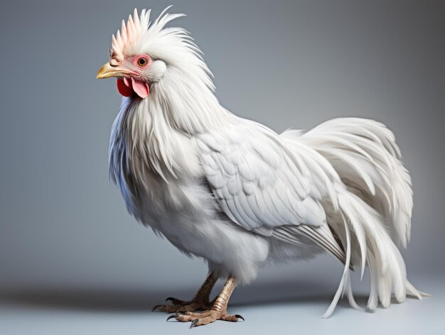 Un poulet blanc debout sur une surface grise