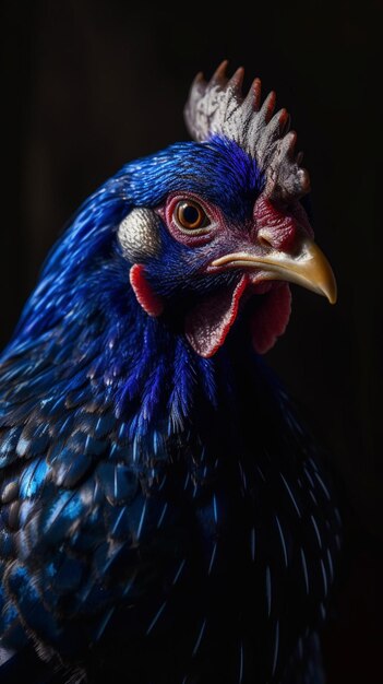 Un poulet bleu et noir avec un oeil rouge