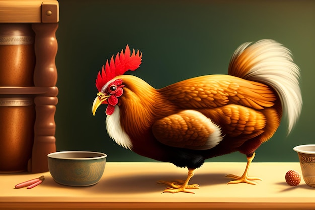 Un poulet avec un bol de nourriture sur une table