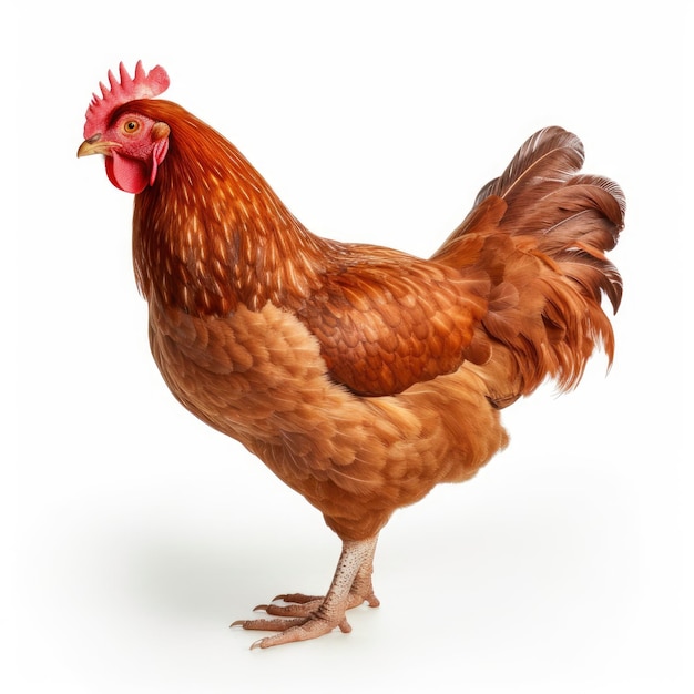 Un poulet brun avec une crête rouge sur la tête et un fond blanc.