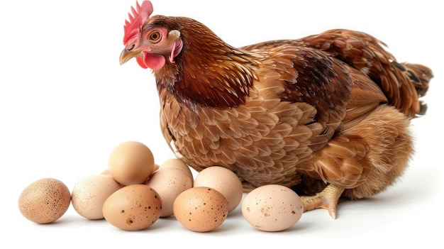 Poulet brun avec des œufs isolés sur un fond blanc