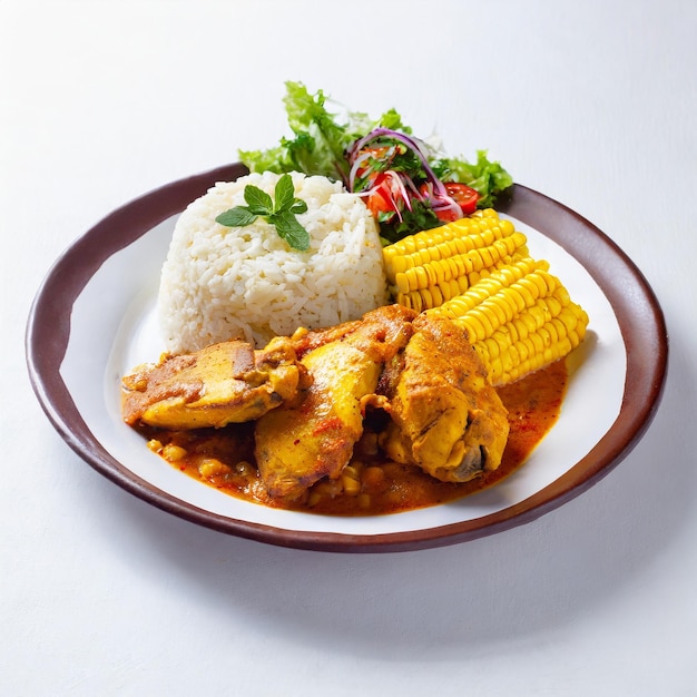 Photo poulet de chèvre au curry traditionnel jamaïcain et boulettes frites avec riz et pois