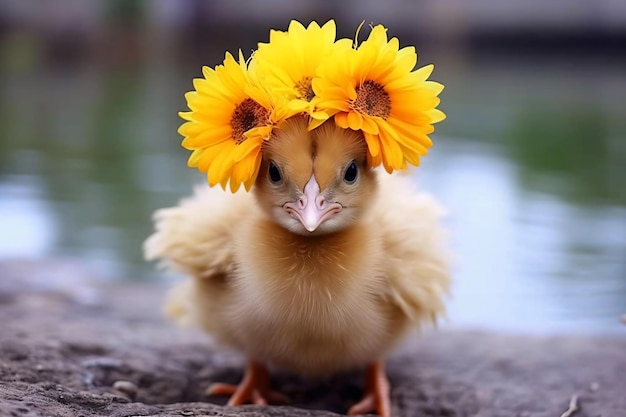 un poulet avec une couronne de fleurs sur la tête