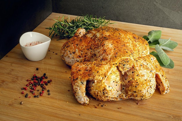 Photo poulet cru entier frotté avec des épices prêt pour le barbecue