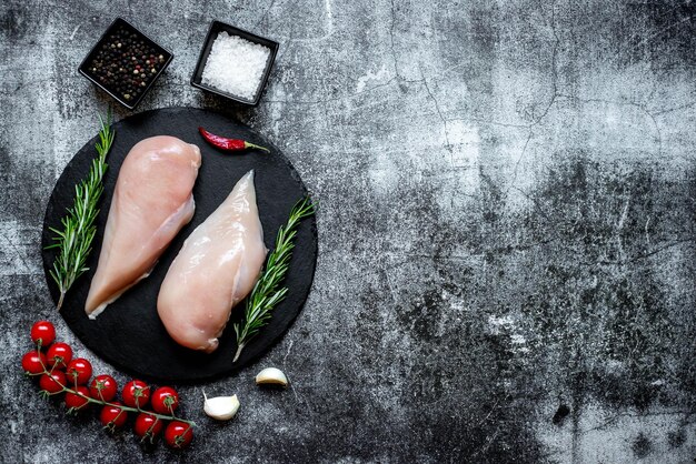 Photo poulet cru sur fond de pierre noire avec épices et herbes.