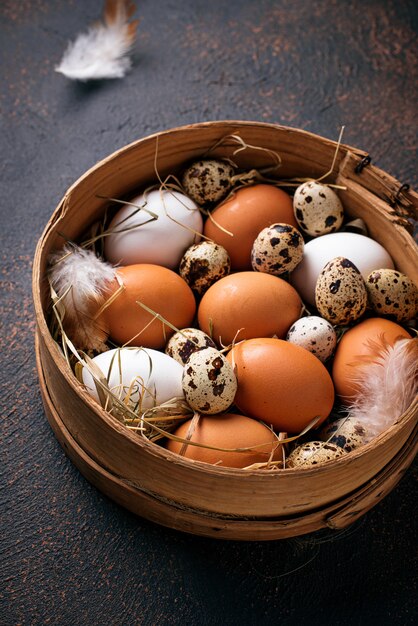 Poulet cru frais et oeufs de caille dans un tamis