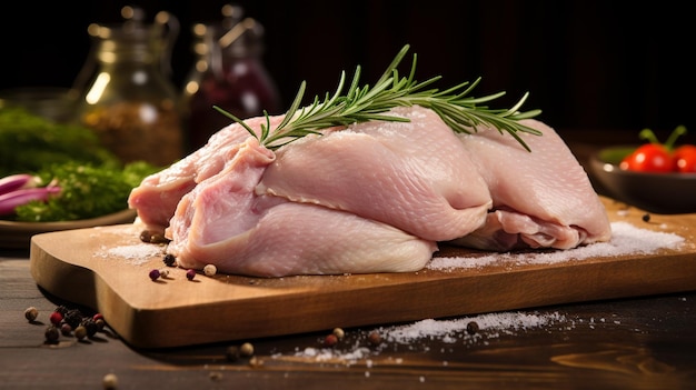 poulet cru sur planche de bois avec des épices